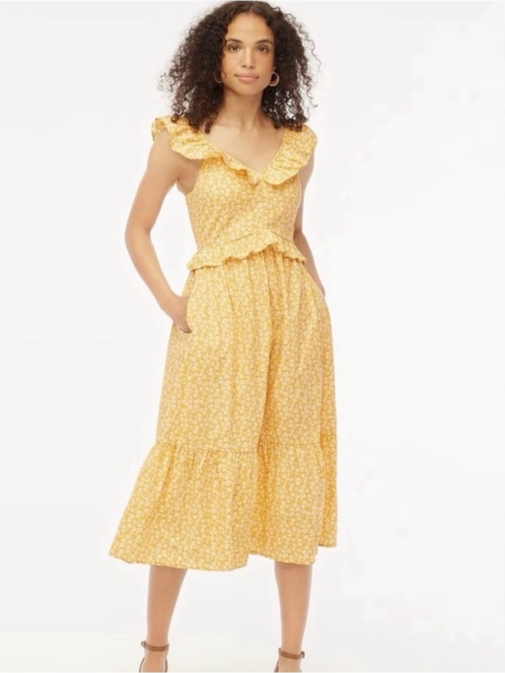 J Crew Factory Yellow Floral Ruffle Midi Dress - Women's Summer Sundress - Picture 2 of 6